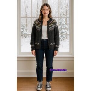 Idioms Sweater Vintage 90's Wool Blend Cardigan Fair Isle Ski Gray Pink Cottage